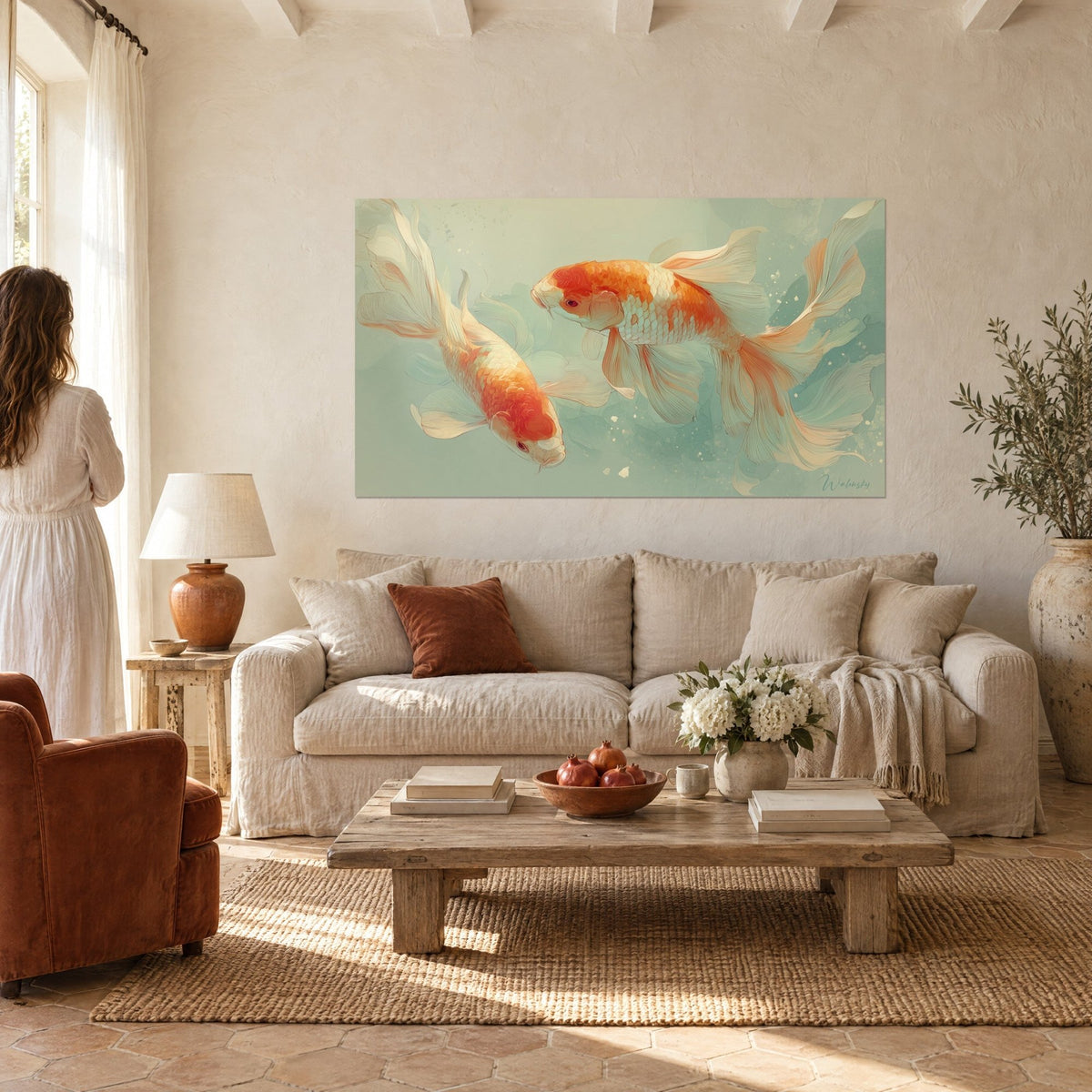 Gemälde Koi-Karpfen in Orange und Weiß im Gegenüber auf wassergrünem Grund, wallende Flossen, über einem Sofa in einem hellen Wohnzimmer