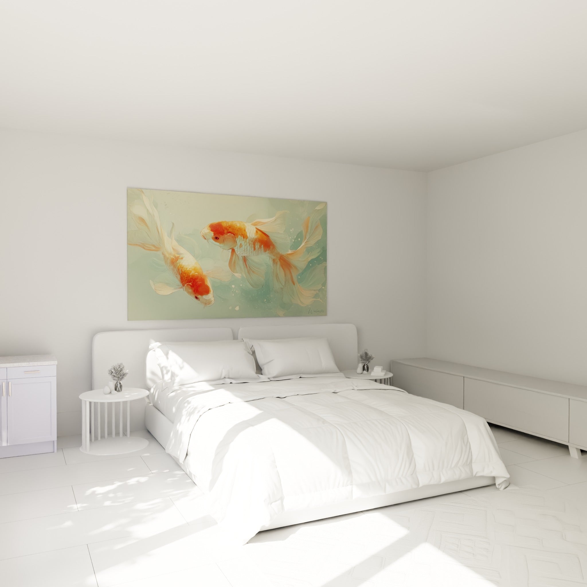 Deux koï orange et crème nageant en douceur, accrochées au-dessus d'un lit dans une chambre claire