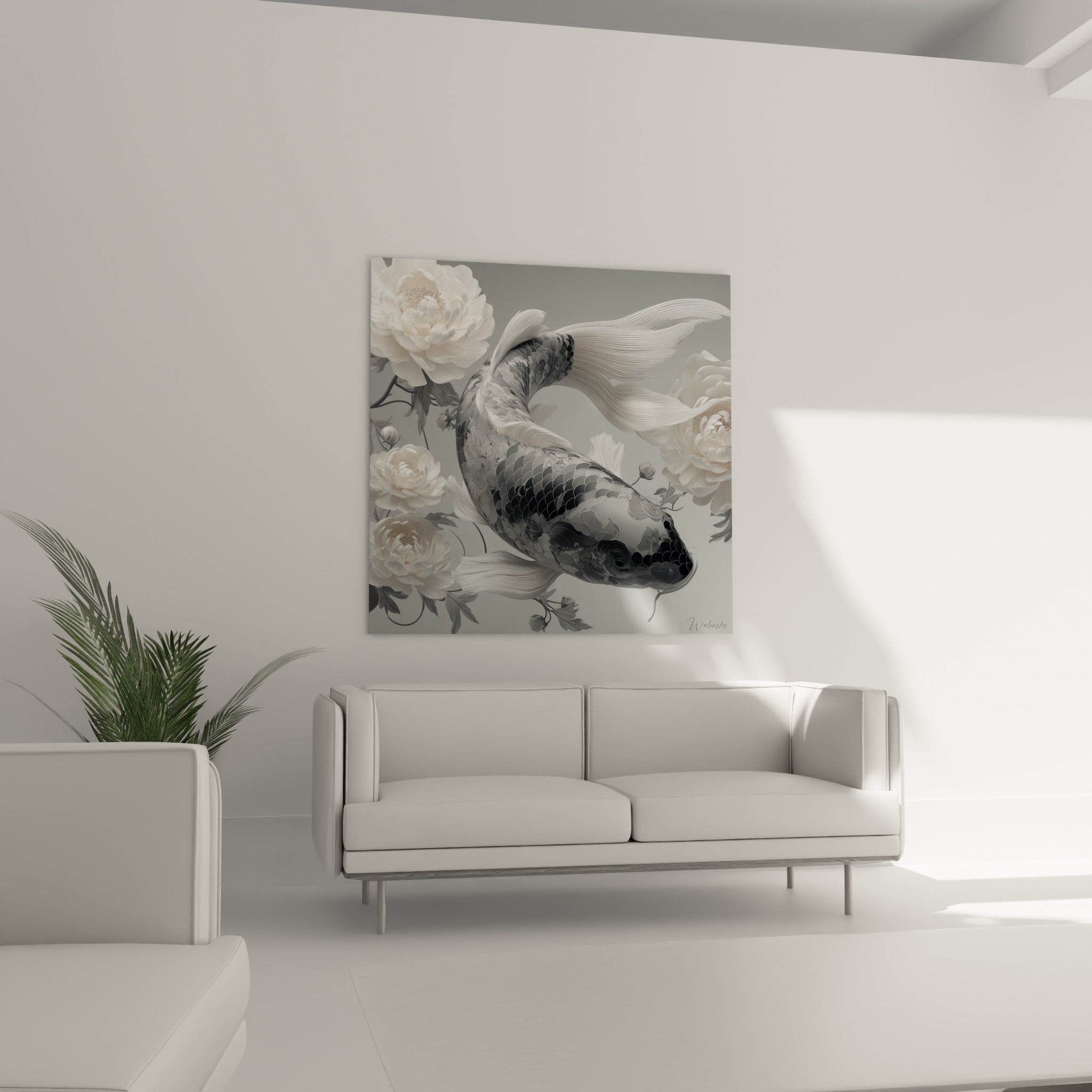 Créature koi argentée entourée de fleurs blanches suspendue au-dessus d'un canapé dans un salon lumineux