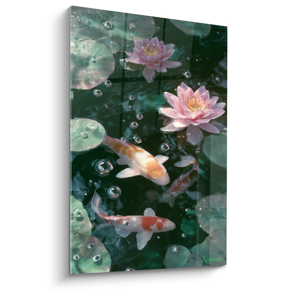 Tableau Bassin vert émeraude et nénuphars roses - Quiétude aquatique - Edition Koi