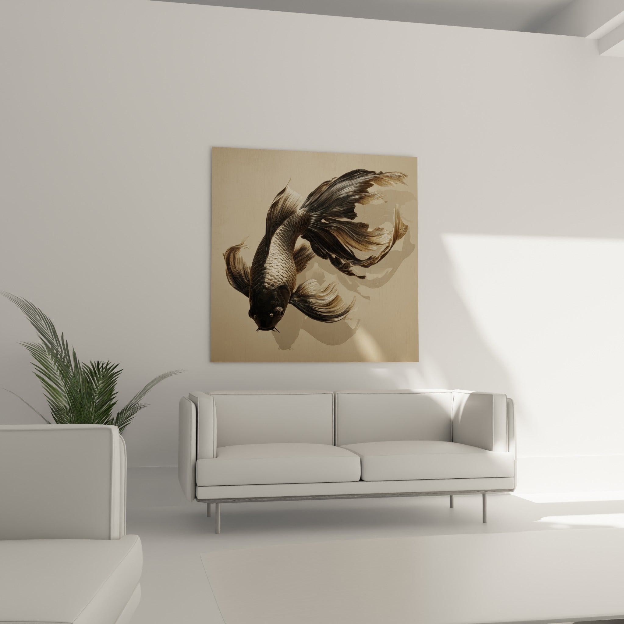 Silhouette de koi noir et crème en pleine plongée, au-dessus d'un canapé dans un salon lumineux