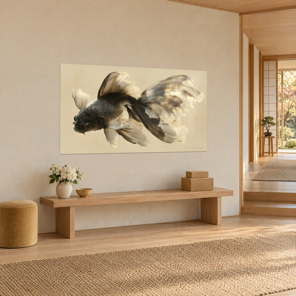 Gemälde Zierfisch mit schiefergrauen Schuppen und cremefarbener Schleierflosse, dreiviertel Ansicht an einer beigen Wand neben einer Holzbank