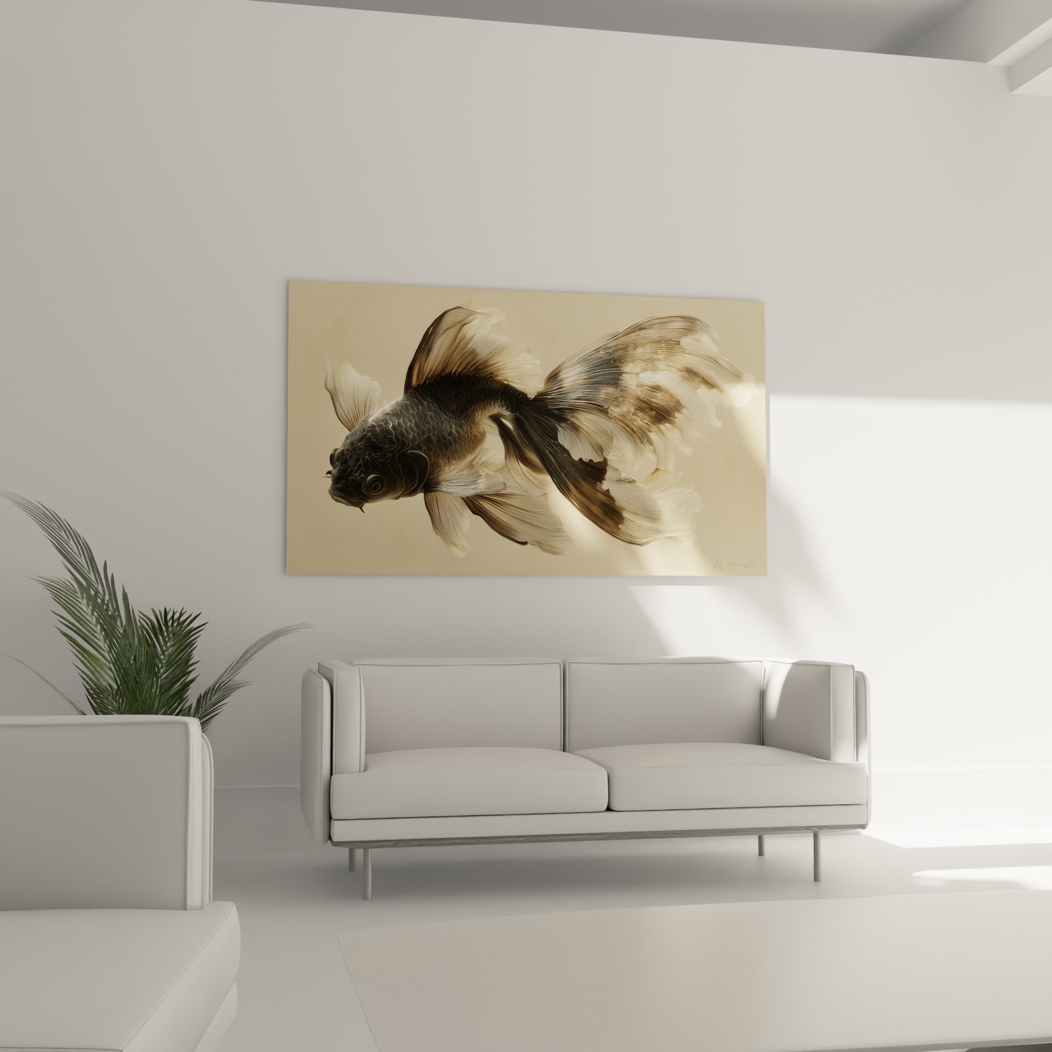 Silhouette de koï anthracite et beige suspendue au-dessus d'un canapé dans un salon lumineux