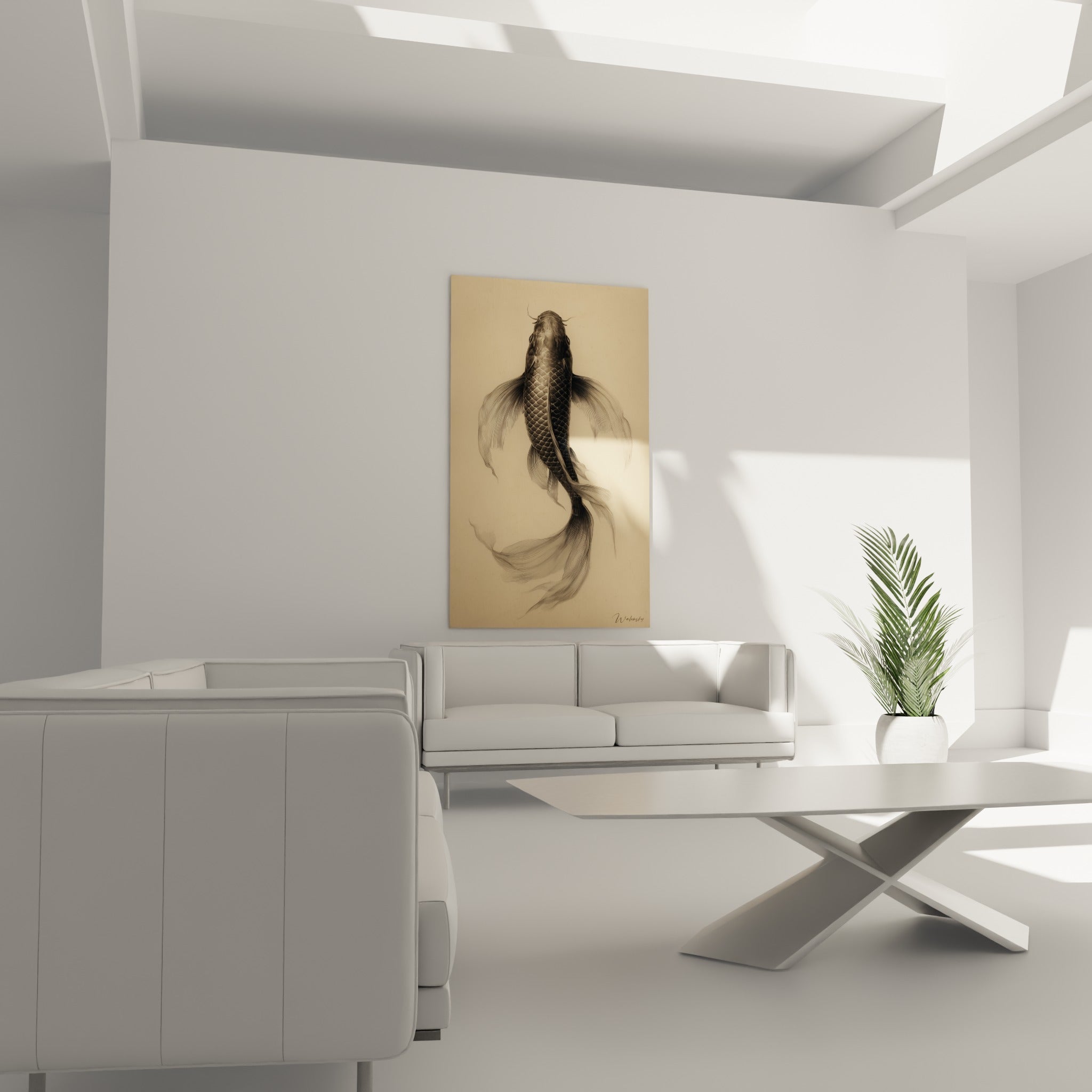 Silhouette koi beige et noire aux voiles fluides au-dessus d'un canapé dans un salon lumineux