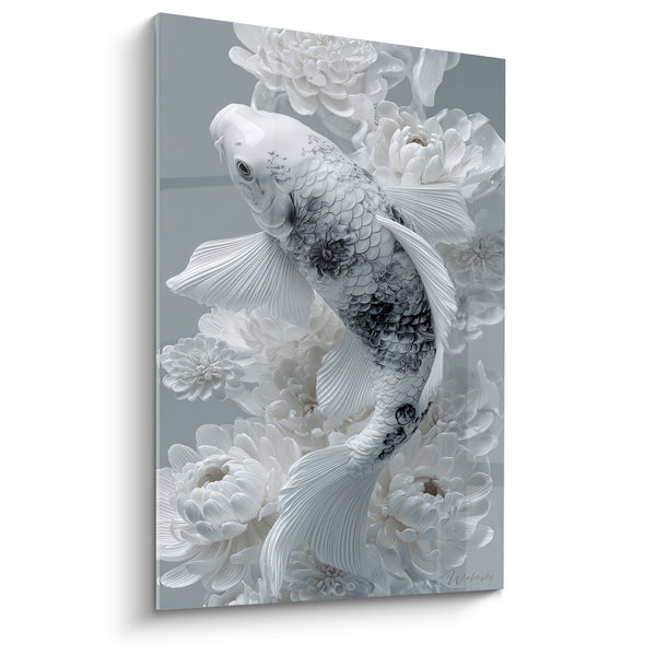 Tableau Poisson blanc argenté parmi chrysanthèmes sculptés - Éclosion silencieuse - Edition Koi