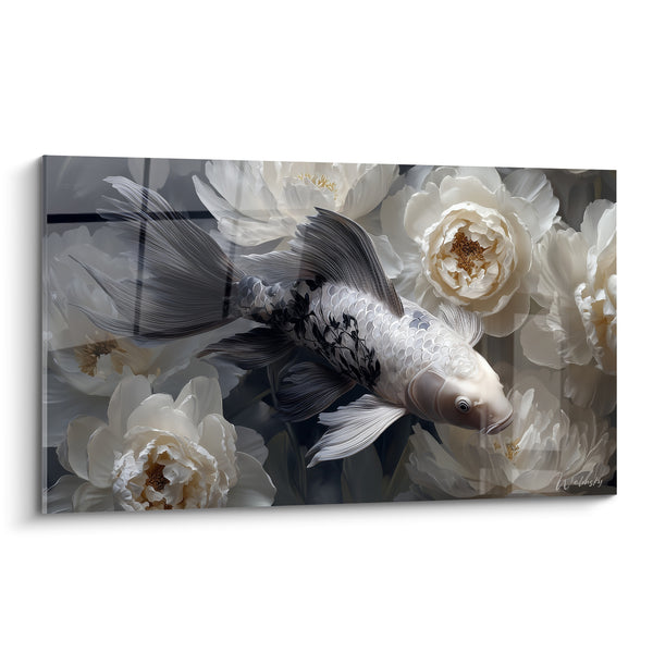 Tableau Carpe blanche et grise parmi pivoines ivoire - Motifs floraux sur écailles - Edition Koi