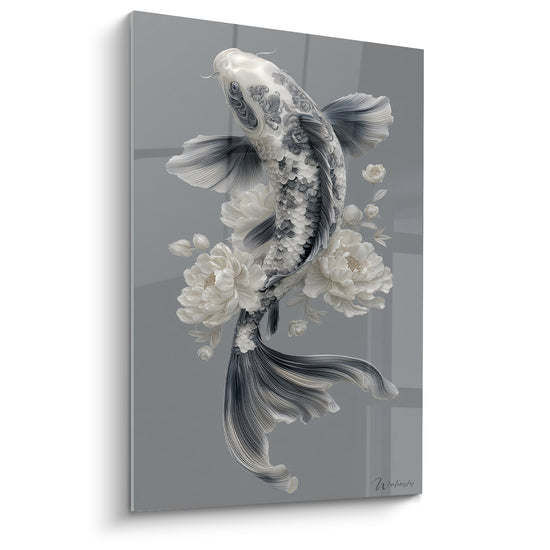 Koi blanc et gris nageant vers le haut, entouré de pivoines blanches sculptées