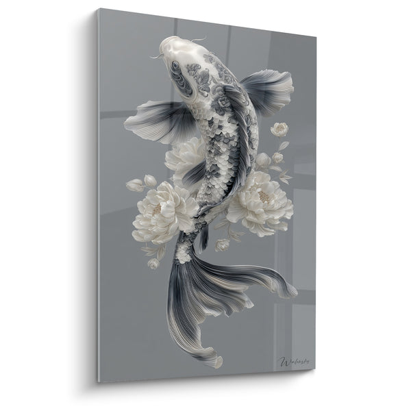 Tableau Poisson blanc et gris aux pivoines - Ascension paisible - Edition Koi