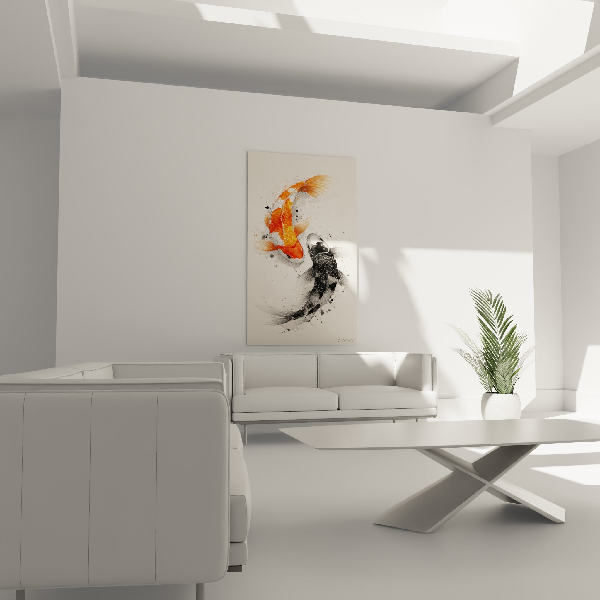 Poissons koï blancs et noirs en spirale harmonieuse, disposés au-dessus d'un canapé dans un salon lumineux