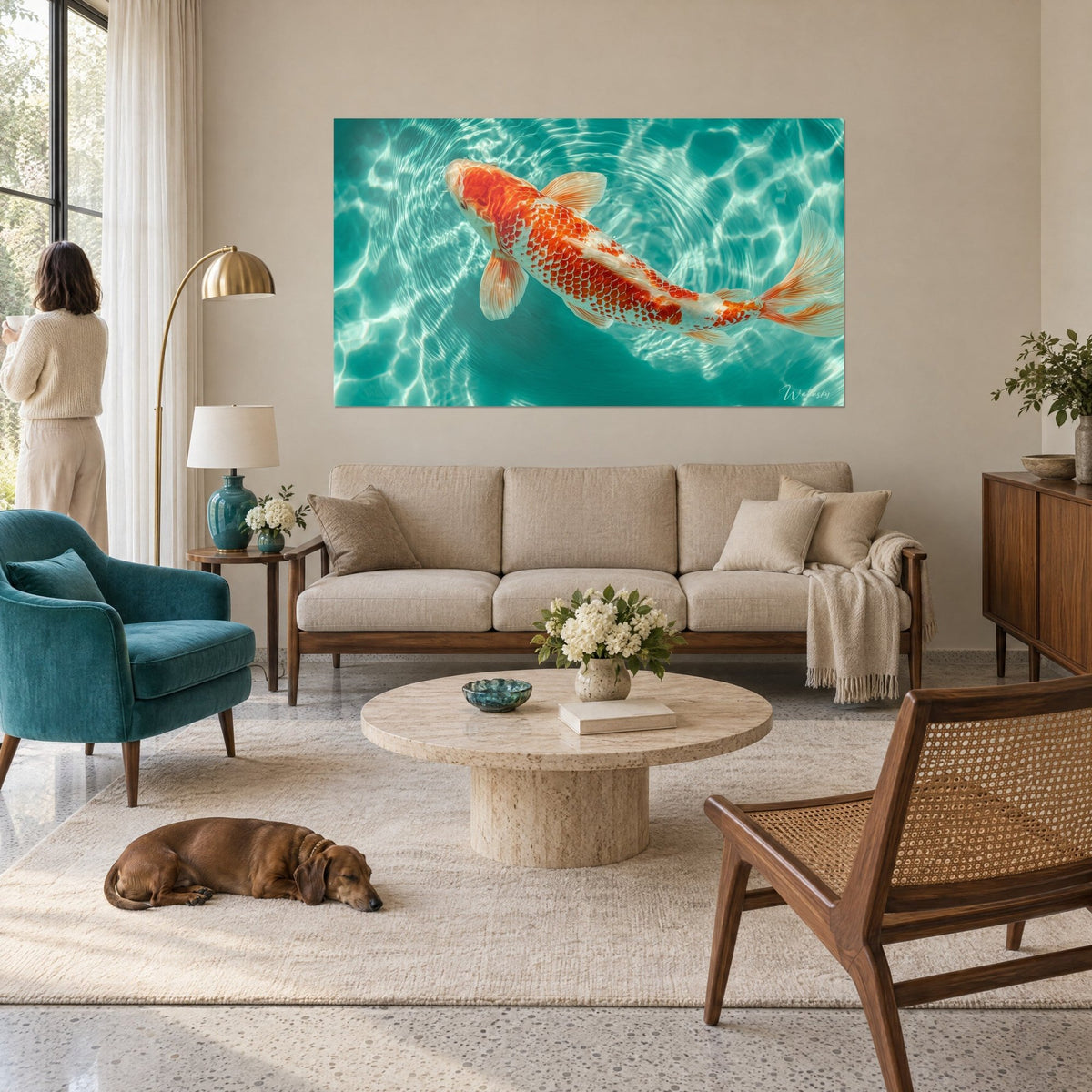 Wall art of an orange koi carp gliding through turquoise water rippled with light, above a sofa in a bright living room
