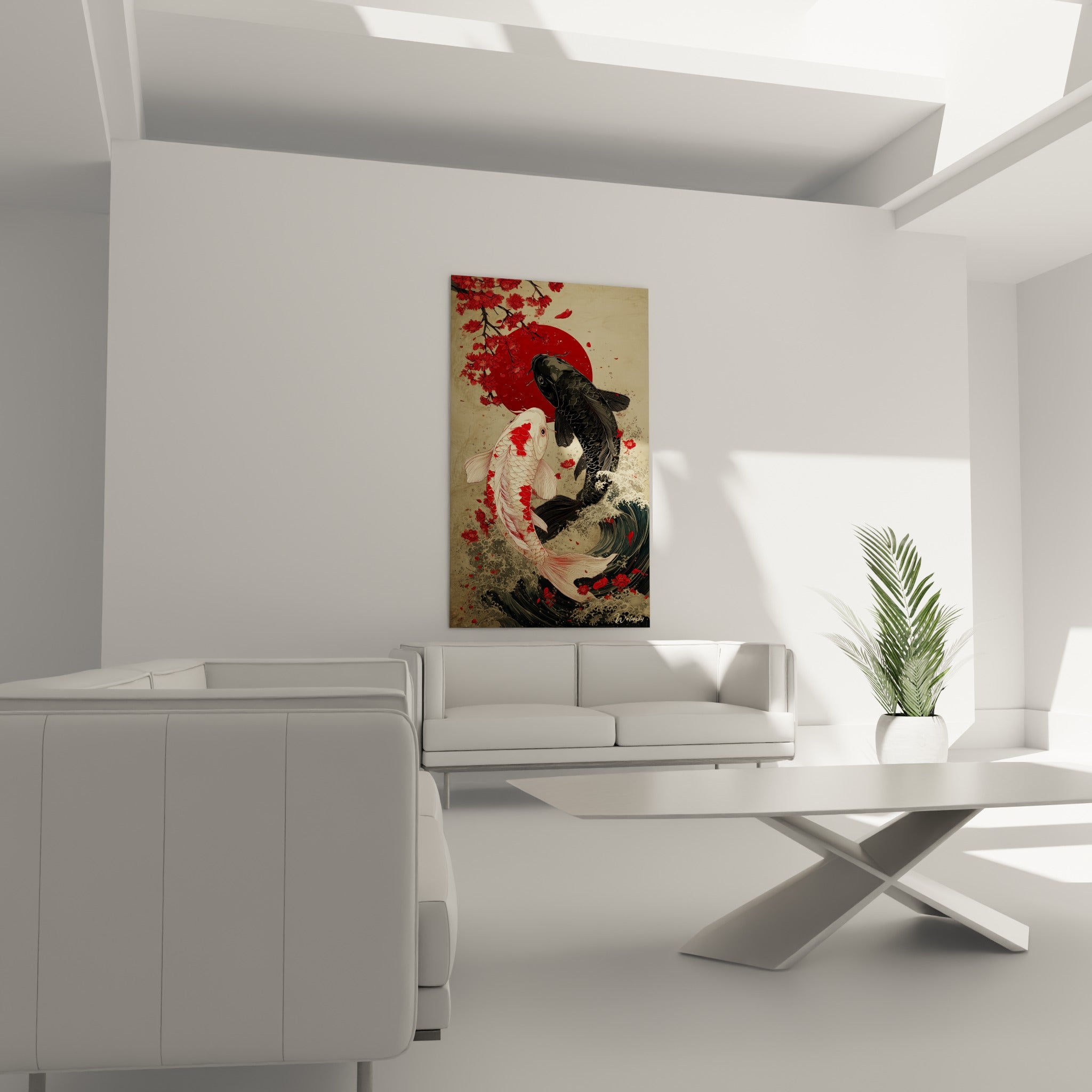 Poissons koï beige et anthracite en spirale devant un soleil rouge, au-dessus d'un canapé dans un salon lumineux