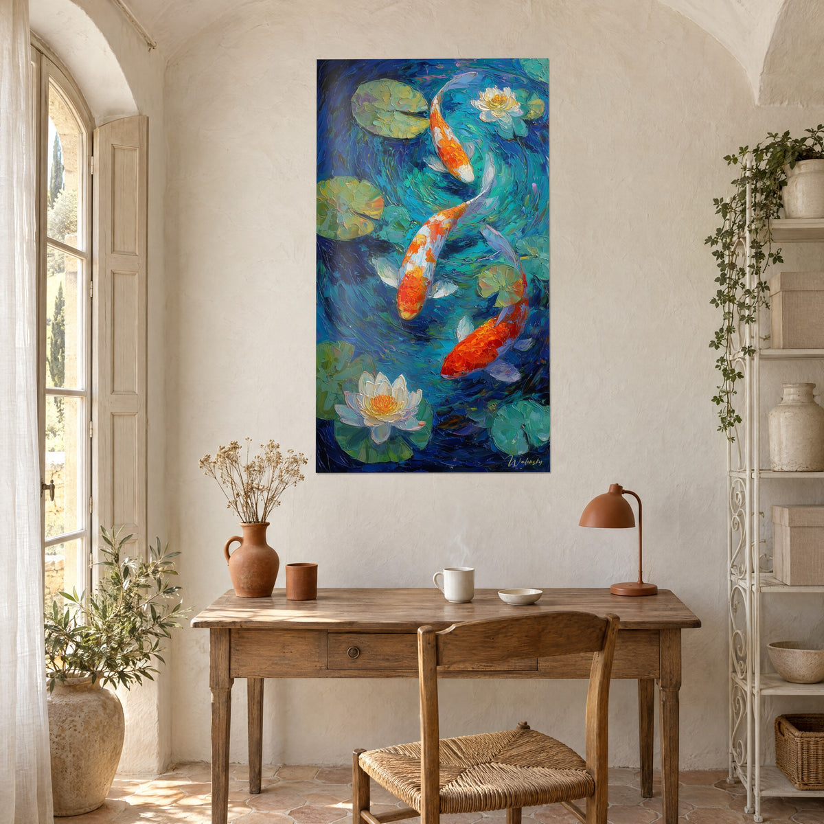 Quadro di stagno di ninfee dalle foglie verde tenue, tre koi arancioni su blu profondo, sopra una scrivania in legno chiaro