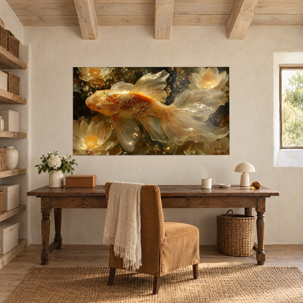 Quadro di una carpa ornamentale dorata, coda a veli setosi e fiori di loto color crema, sopra una scrivania in legno grezzo