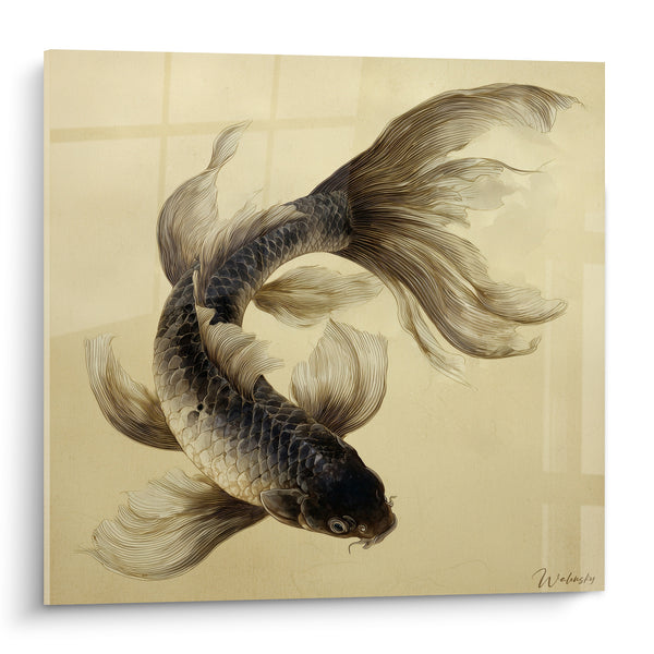 Tableau Carpe courbée aux nageoires anthracite ivoire - Courbe suspendue - Edition Koi