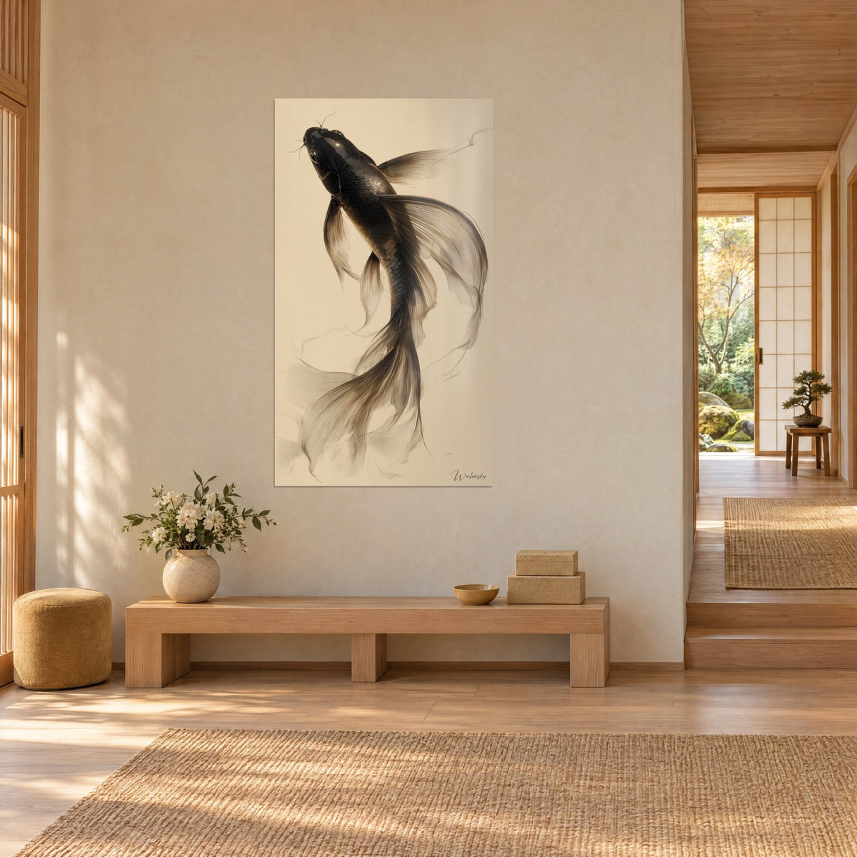 Gemälde Ebenholz-Fisch mit aufgerichteten Barteln, heller Sandhintergrund, in einem Japandi-Flur mit hellem Holz und Tatami