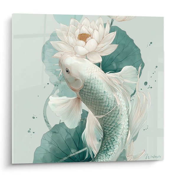 Tableau Carpe blanche aux nageoires vert d'eau - Grâce aquatique - Edition Koi