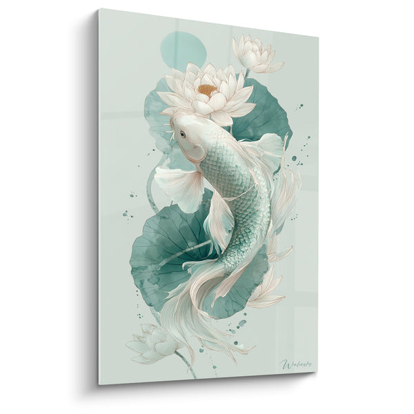 Tableau Carpe blanche et vert d'eau parmi lotus blancs - Lune pâle en fond - Edition Koi