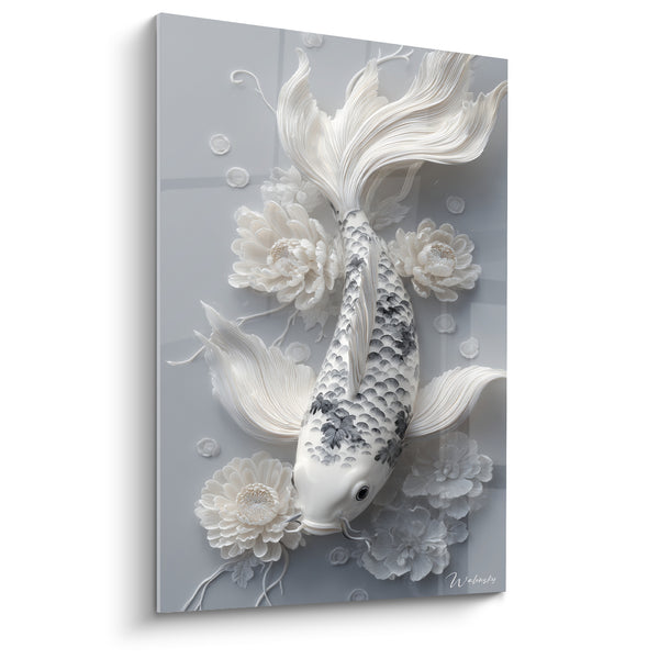 Tableau Carpe blanche et grise parmi chrysanthèmes sculptés - Relief en porcelaine - Edition Koi