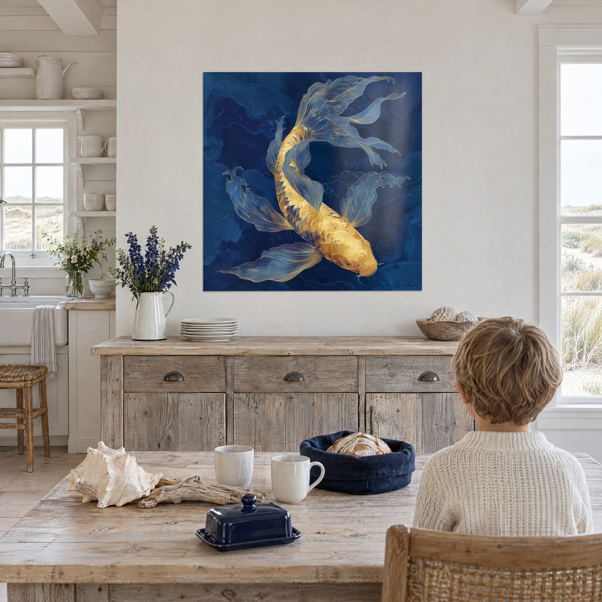 Quadro carpa dorata con pinne traslucide blu acciaio, curvata su fondo indaco, cucina bianca con vista mare