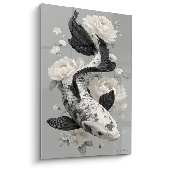 Carpe koï noire et blanche nageant parmi des pivoines ivoire sur fond gris perle