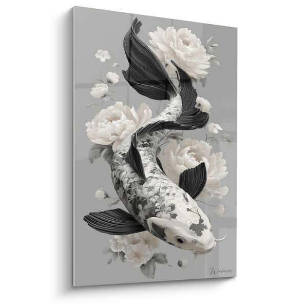 Tableau Carpe koï noire et blanche parmi pivoines - Nage sereine - Edition Koi