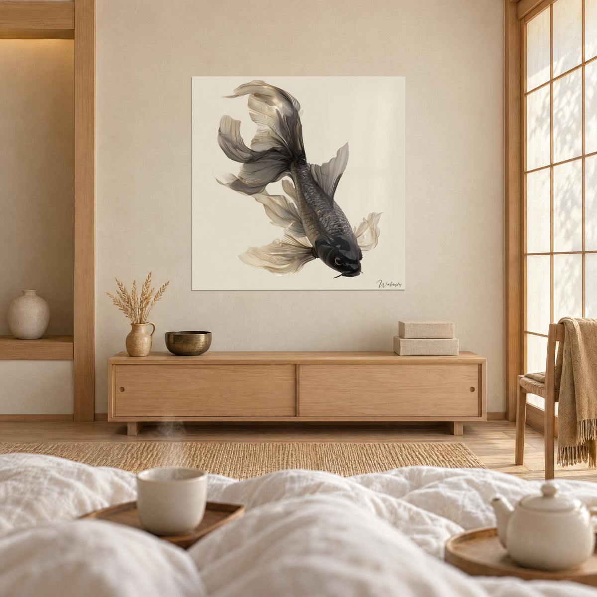 Schilderij vijvervis met ebbenhouten schubben en goudbeige vinnen, boven een bed in een lichte slaapkamer
