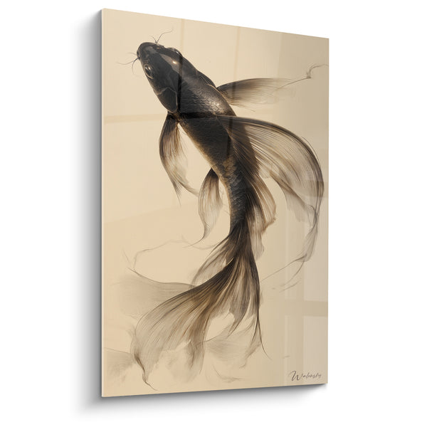 Tableau Carpe noire et beige aux longs filaments soyeux - Barbillons fins dressés - Edition Koi