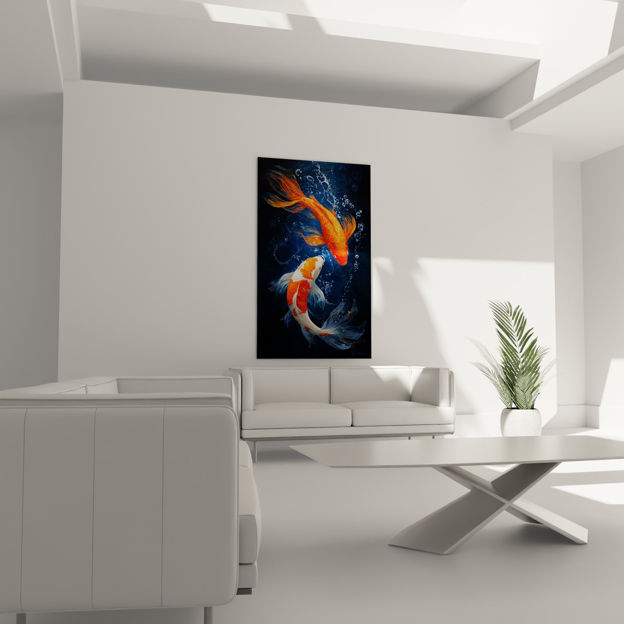 Carpes Koi orange et bleu marine en mouvement circulaire, au-dessus d'un canapé dans un salon lumineux