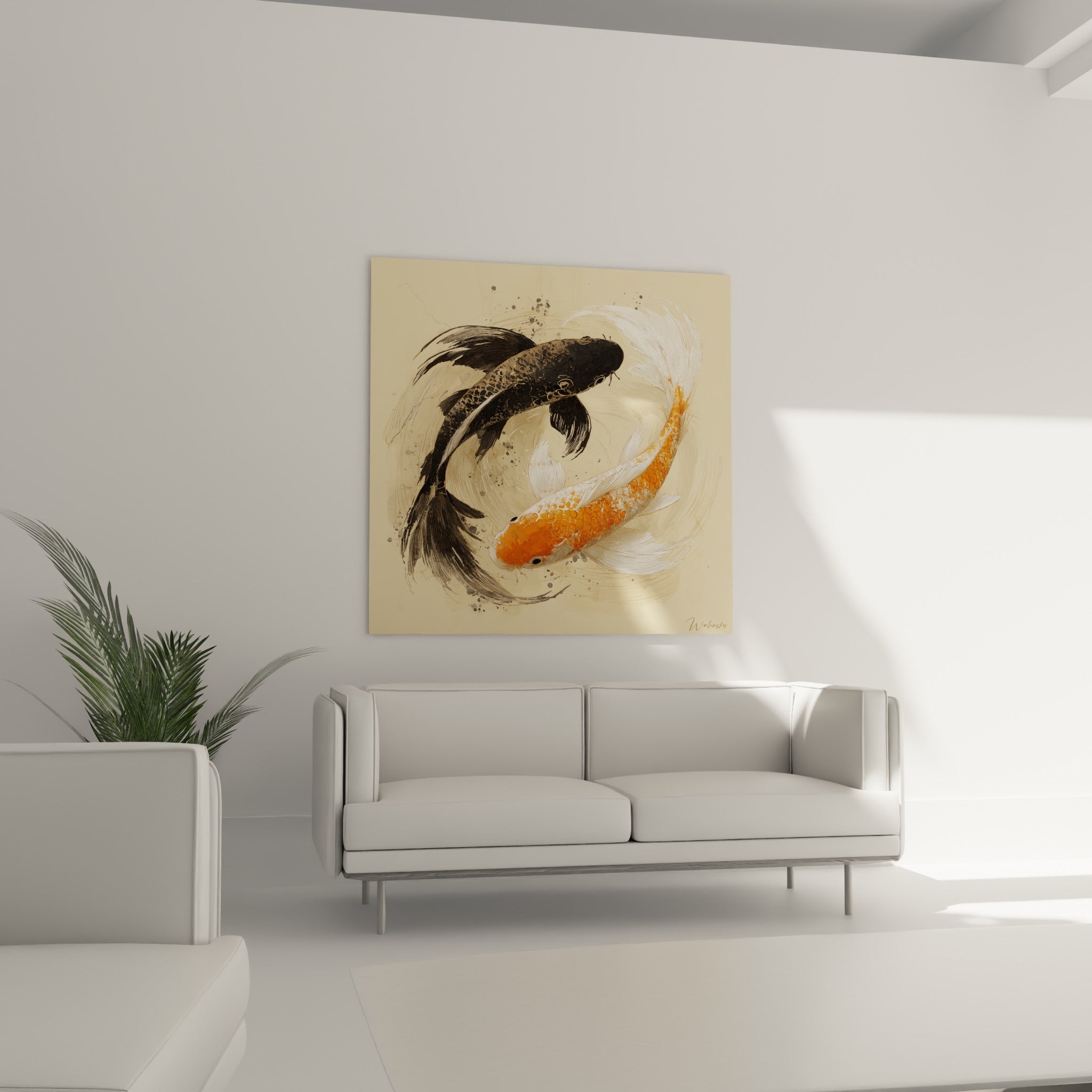 Poissons koï noir et orange formant une boucle harmonieuse, suspendus au-dessus d'un canapé dans un salon lumineux