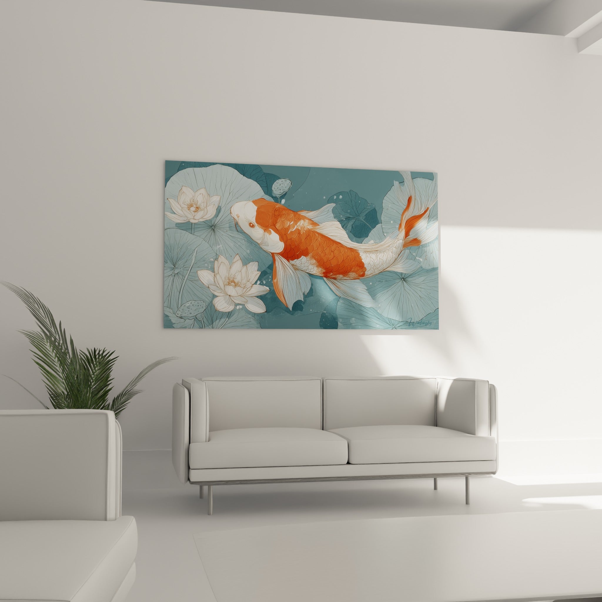 Carpe Koi orange évoluant sur fond bleu pétrole, au-dessus d'un canapé dans un salon lumineux
