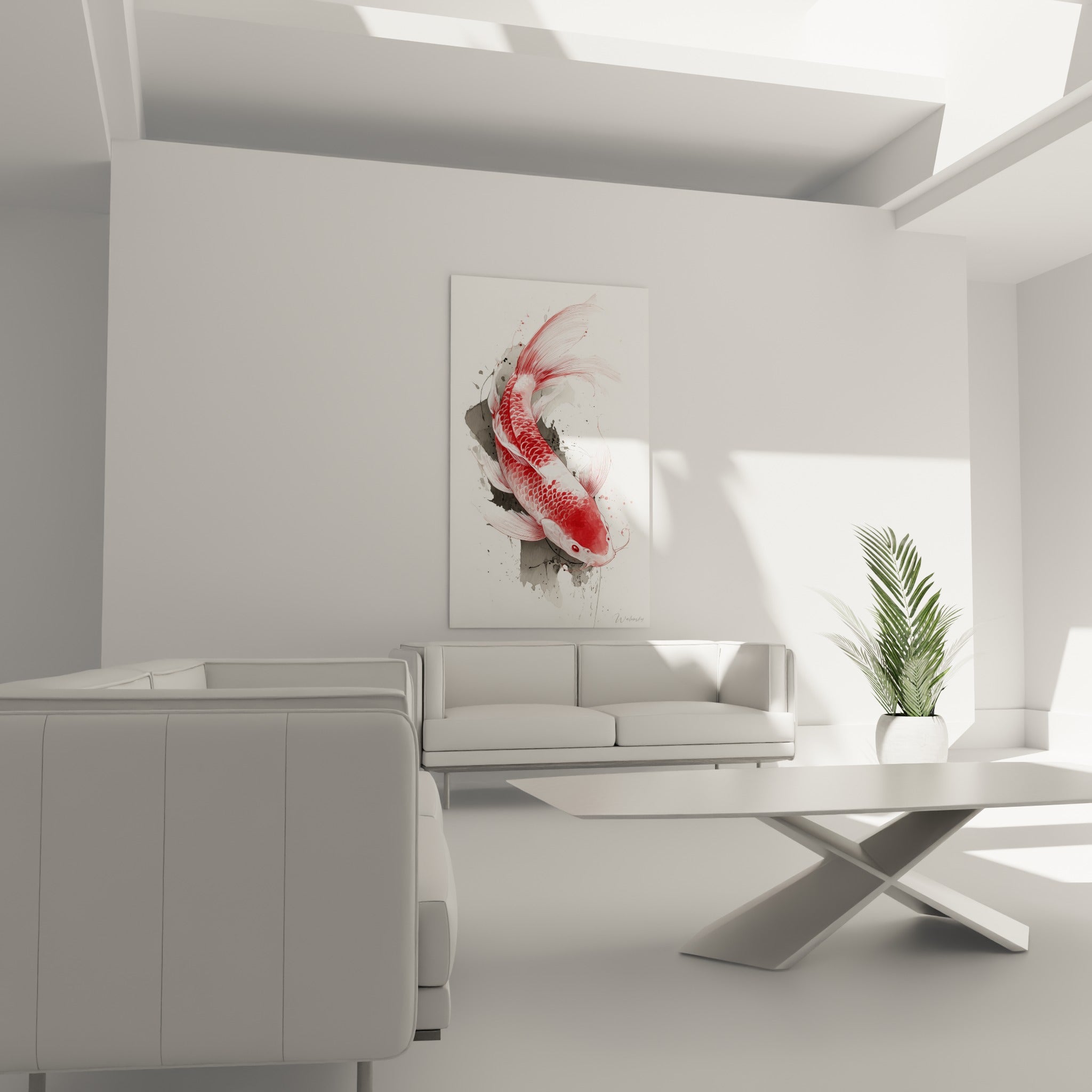 Poisson koï écarlate et blanc entouré de taches anthracite, au-dessus d'un canapé dans un salon lumineux