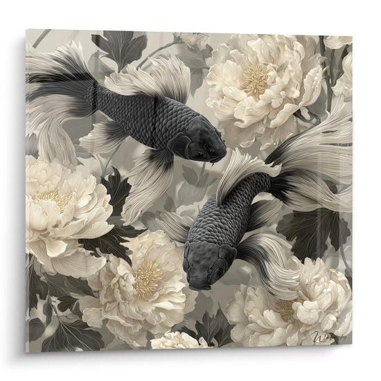 Deux carpes Koi anthracite nagent parmi des pivoines ivoire aux détails dorés finement peints