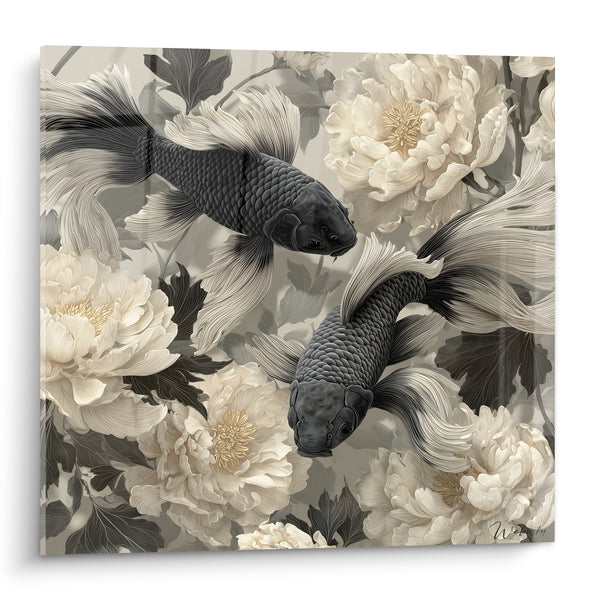 Tableau Carpes noires parmi pivoines ivoire - Danse silencieuse - Edition Koi