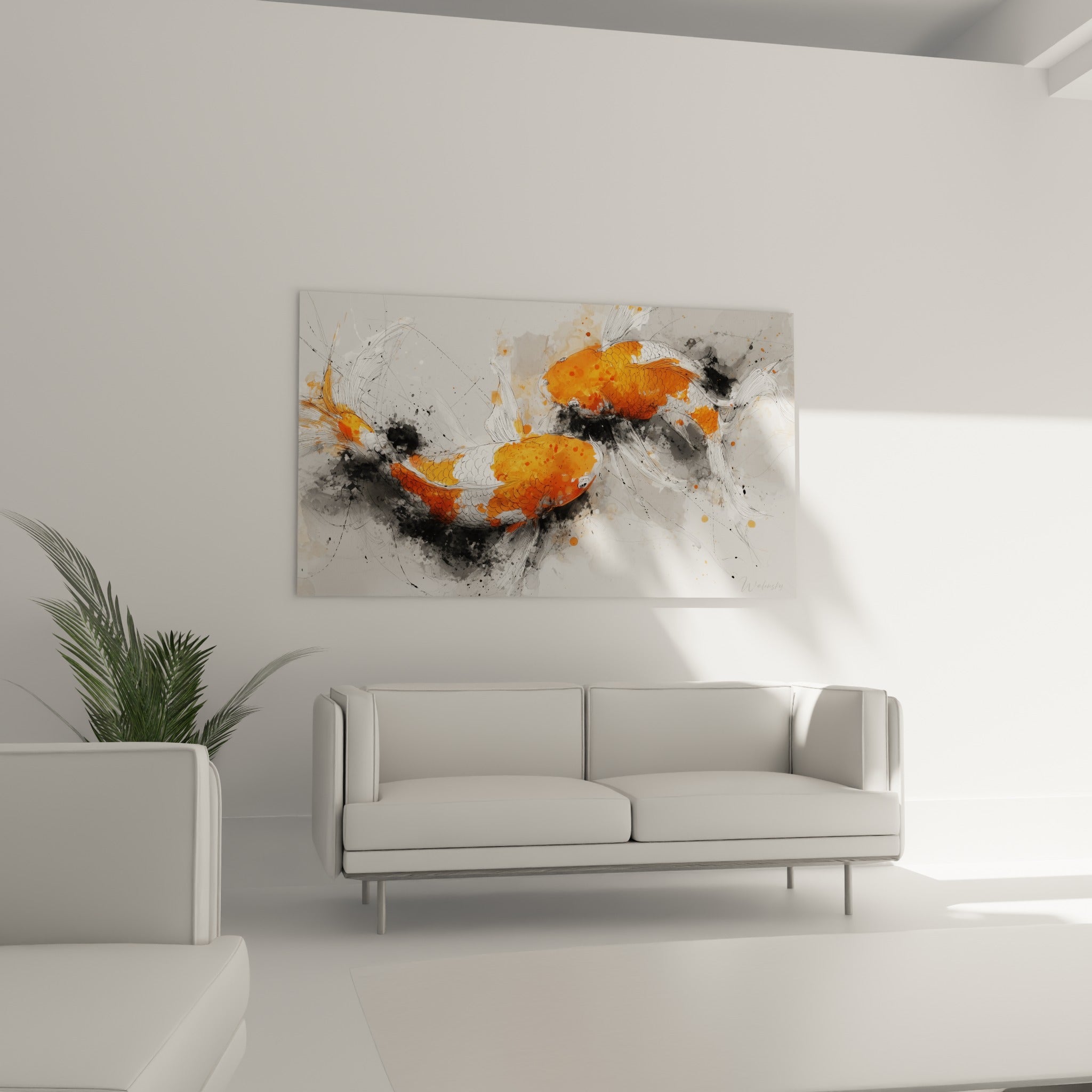 Carpes koï orange et anthracite en mouvement gracieux, au-dessus d'un canapé dans un salon lumineux