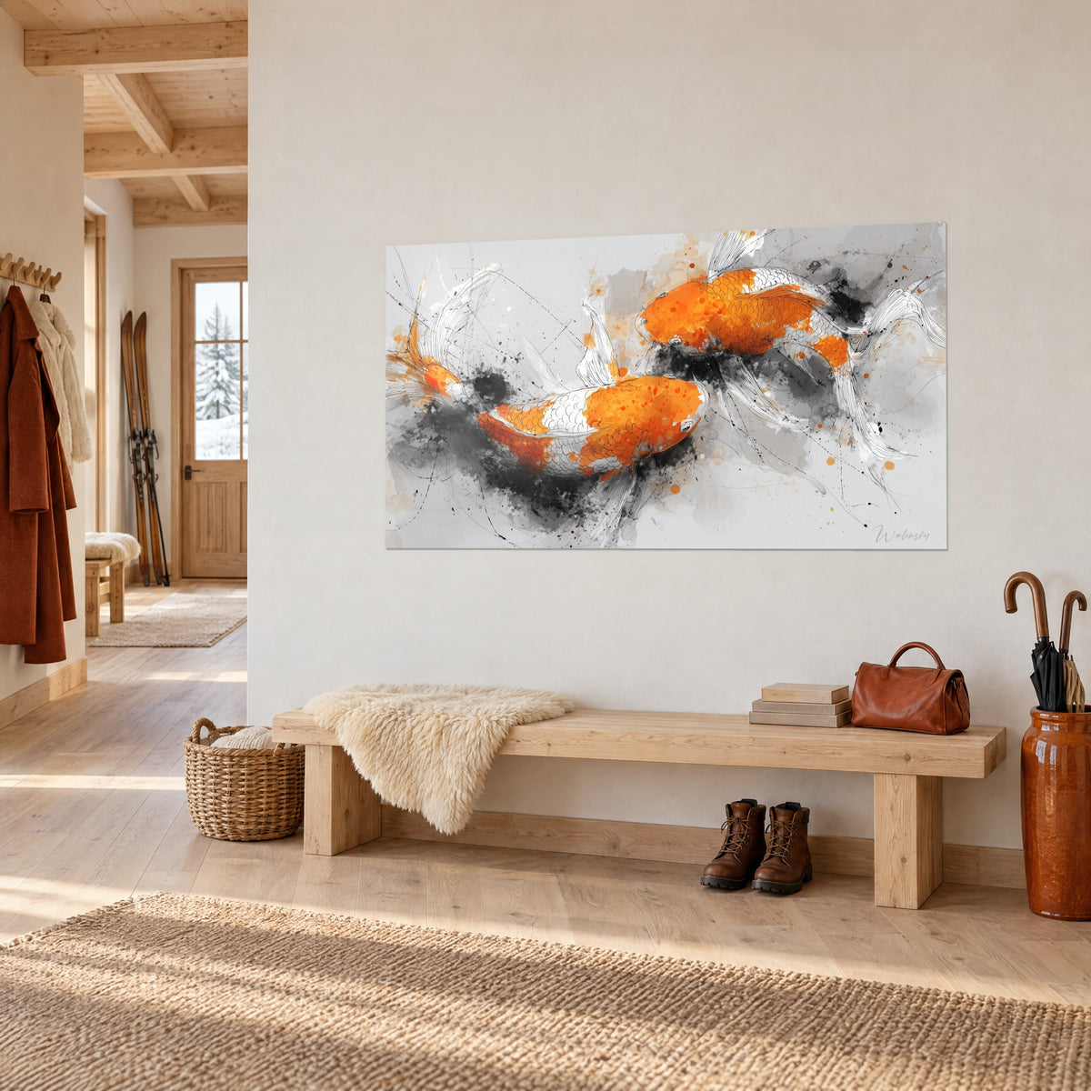 Schilderij rood-oranje vissen met fijn getekende schubben op een parelgrijze achtergrond, opgehangen boven een houten bank in de hal van een chalet
