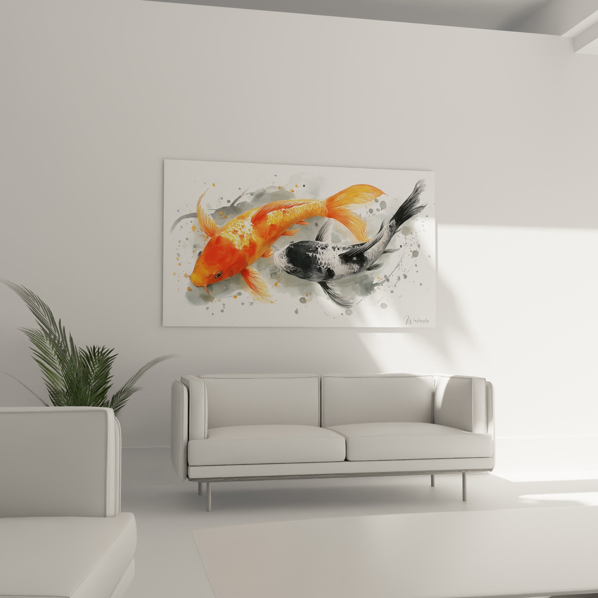 Poissons koï orange et noir en mouvement fluide, installés au-dessus d'un canapé dans un salon lumineux