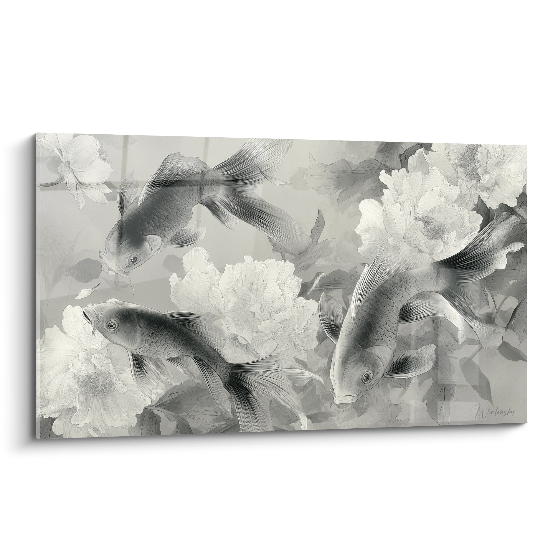 Trois carpes koï gris anthracite nagent parmi des pivoines blanches sur fond gris perle