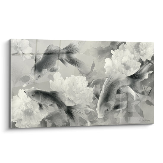Trois carpes koï gris anthracite nagent parmi des pivoines blanches sur fond gris perle