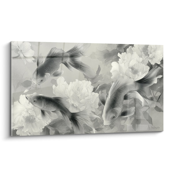 Tableau Carpes grises et blanches parmi trois pivoines - Trio en diagonale - Edition Koi