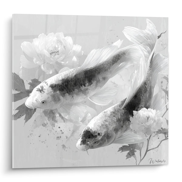 Tableau Carpes koï grises et blanches parmi pivoines - Danse sous les pivoines - Edition Koi
