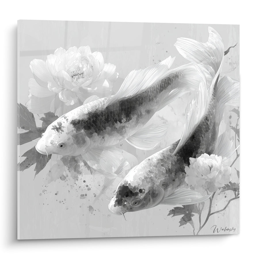 Tableau Carpes koï grises et blanches parmi pivoines - Danse sous les pivoines - Edition Koi