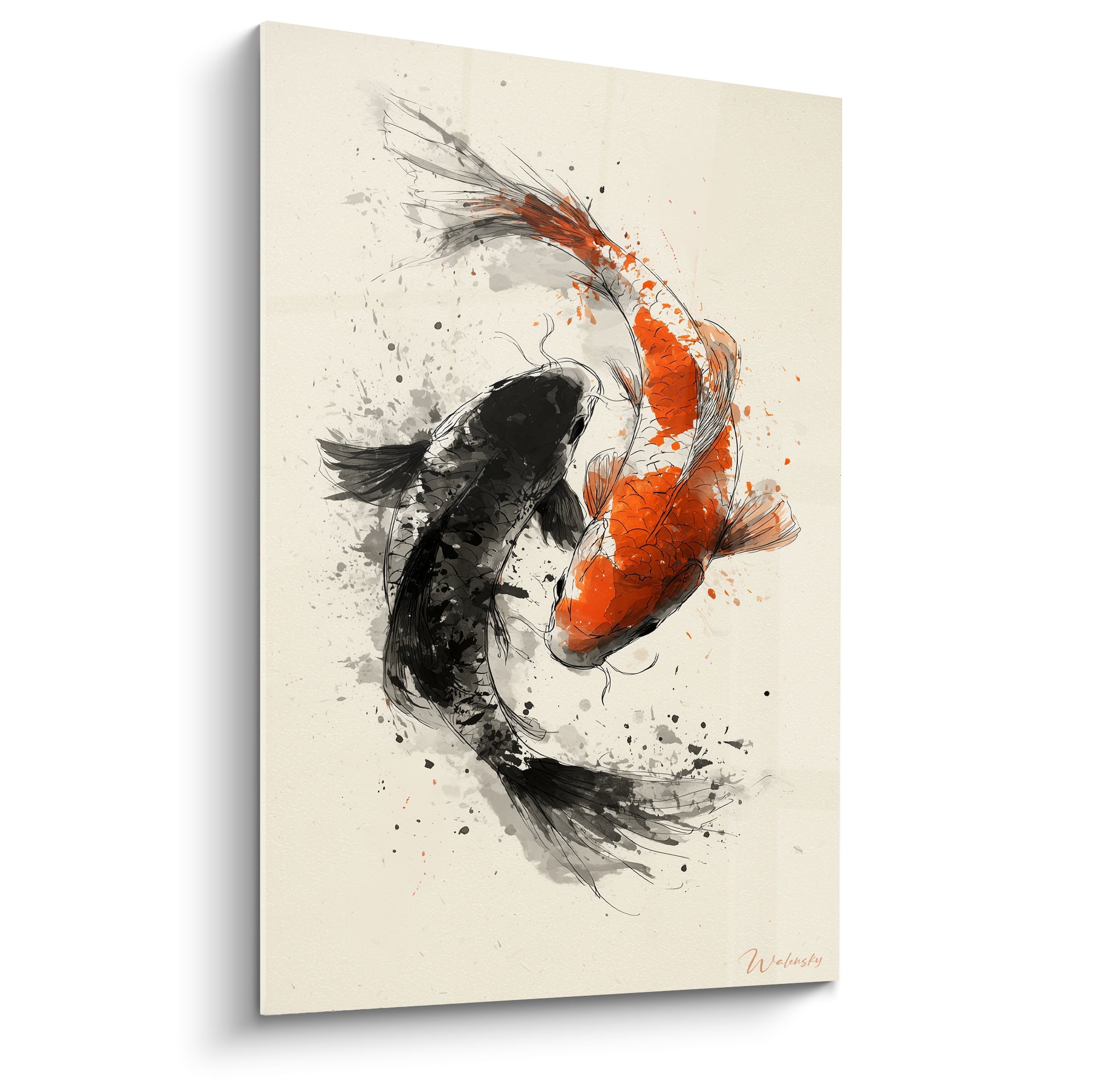 Carpes Koi noire et orange entrelacées en cercle sur fond ivoire, style encre éclaboussée