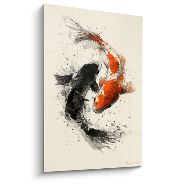 Tableau Deux carpes noire et orange entrelacées - Équilibre circulaire - Edition Koi