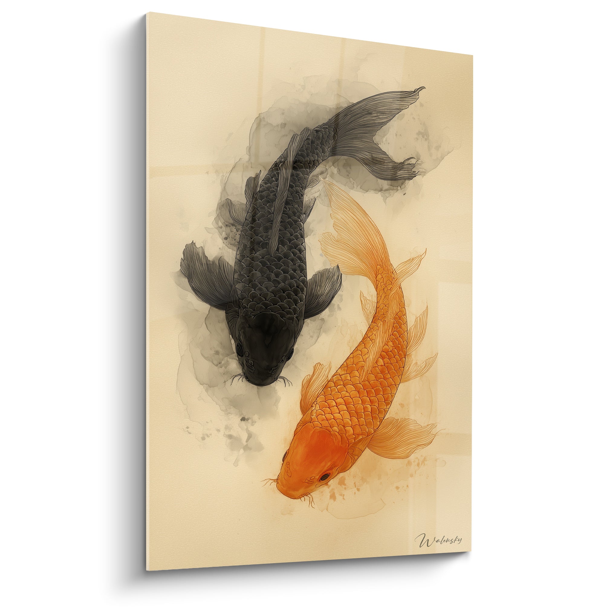 Carpes koï noire et orangée enroulées en cercle sur fond ivoire, style aquarelle japonisant