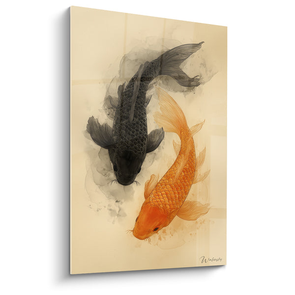 Tableau Carpes noire et orange fond ivoire crème - Symbole du Yin Yang - Edition Koi