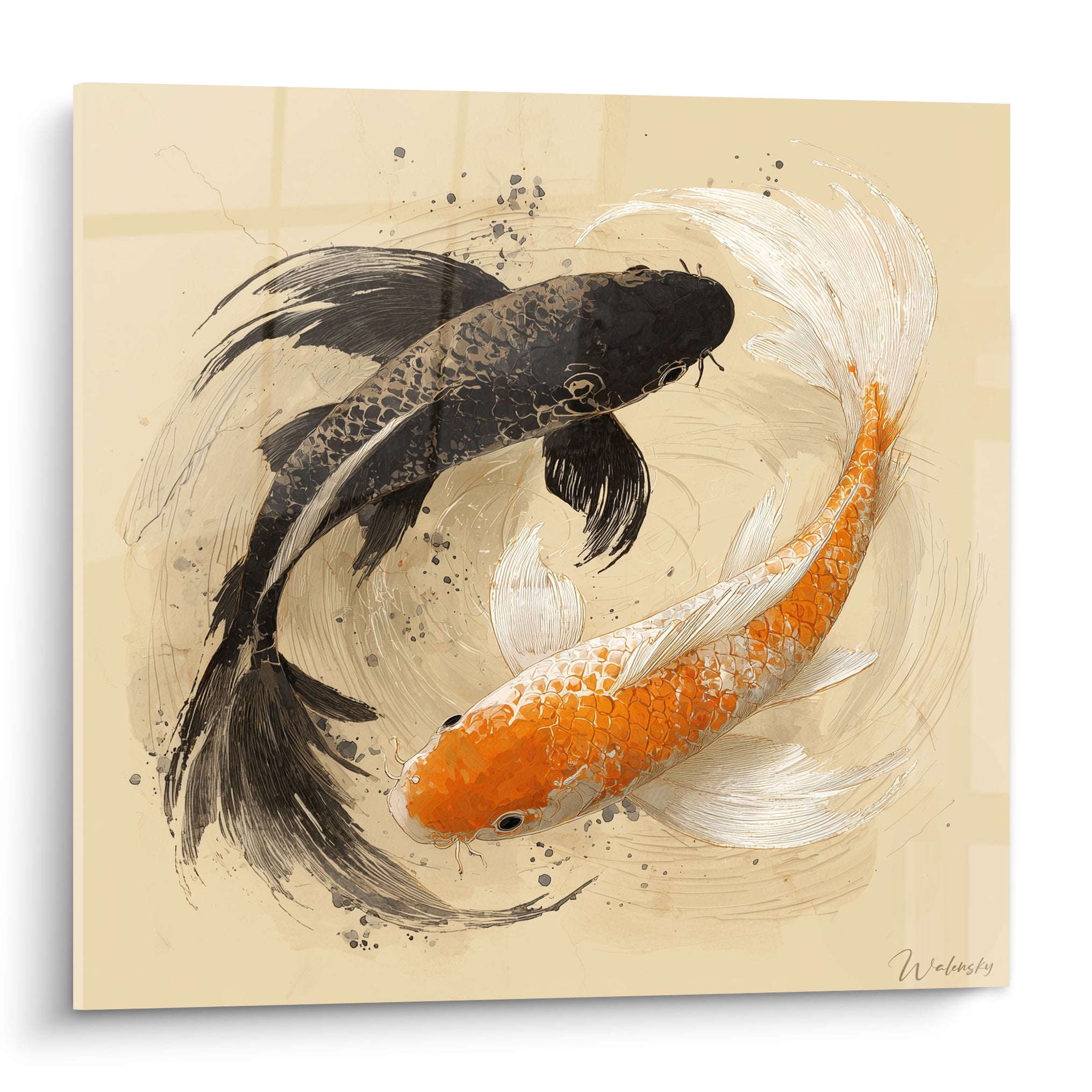 Deux carpes koï noire et orange tournent en cercle sur fond beige texturé, style encre et aquarelle