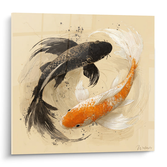 Deux carpes koï noire et orange tournent en cercle sur fond beige texturé, style encre et aquarelle