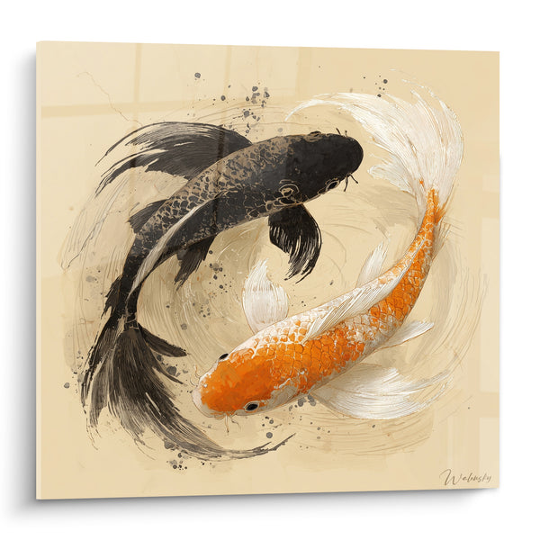 Tableau Carpes noire et orange fond crème tourbillon - Écailles finement détaillées - Edition Koi