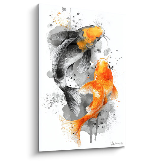 Tableau Carpes noire et orange affrontées éclaboussures grises - Face à face vertical - Edition Koi