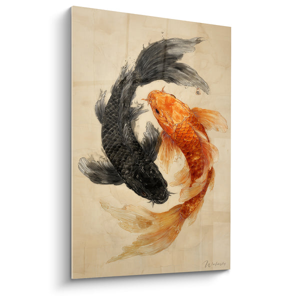 Tableau Carpes noire et orange enlacées sur papier beige - Écailles finement gravées - Edition Koi